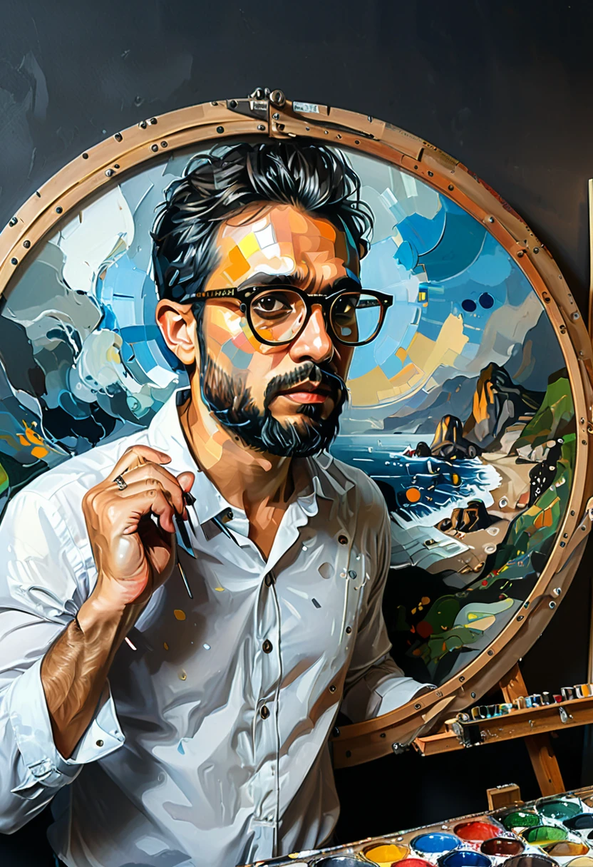 (Wearing Glasses, face), the artist is wearing circular metal framed glasses in the studio, carefully adjusting the colors on the canvas. The edges of the glasses are stained with a little paint, and the background is the canvas and painting tools, full body, (Photography), panoramic view, award-winning, cinematic still, emotional, vignette, dynamic, vivid, (masterpiece, best quality, Professional, perfect composition, very aesthetic, absurdres, ultra-detailed, intricate details:1.3)
