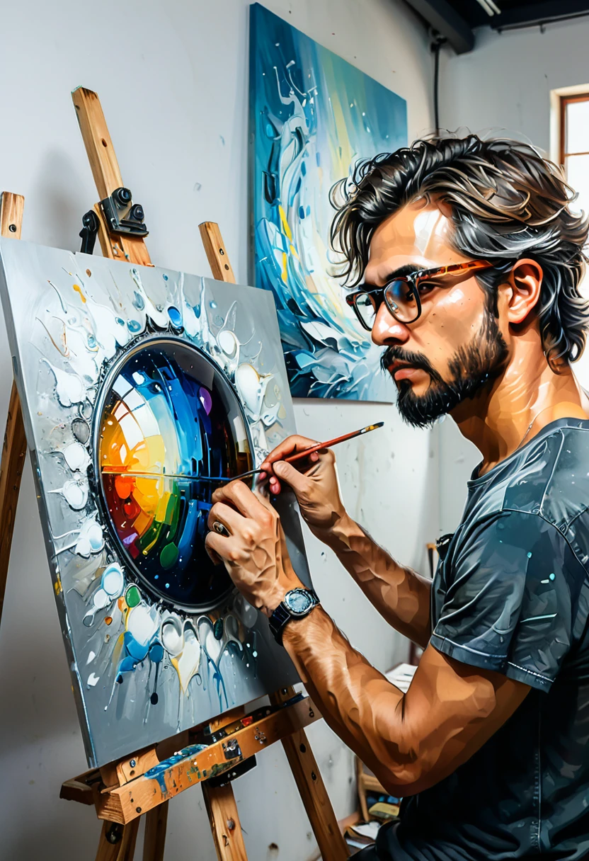 (Wearing Glasses, face), the artist is wearing circular metal framed glasses in the studio, carefully adjusting the colors on the canvas. The edges of the glasses are stained with a little paint, and the background is the canvas and painting tools, full body, (Photography), panoramic view, award-winning, cinematic still, emotional, vignette, dynamic, vivid, (masterpiece, best quality, Professional, perfect composition, very aesthetic, absurdres, ultra-detailed, intricate details:1.3)