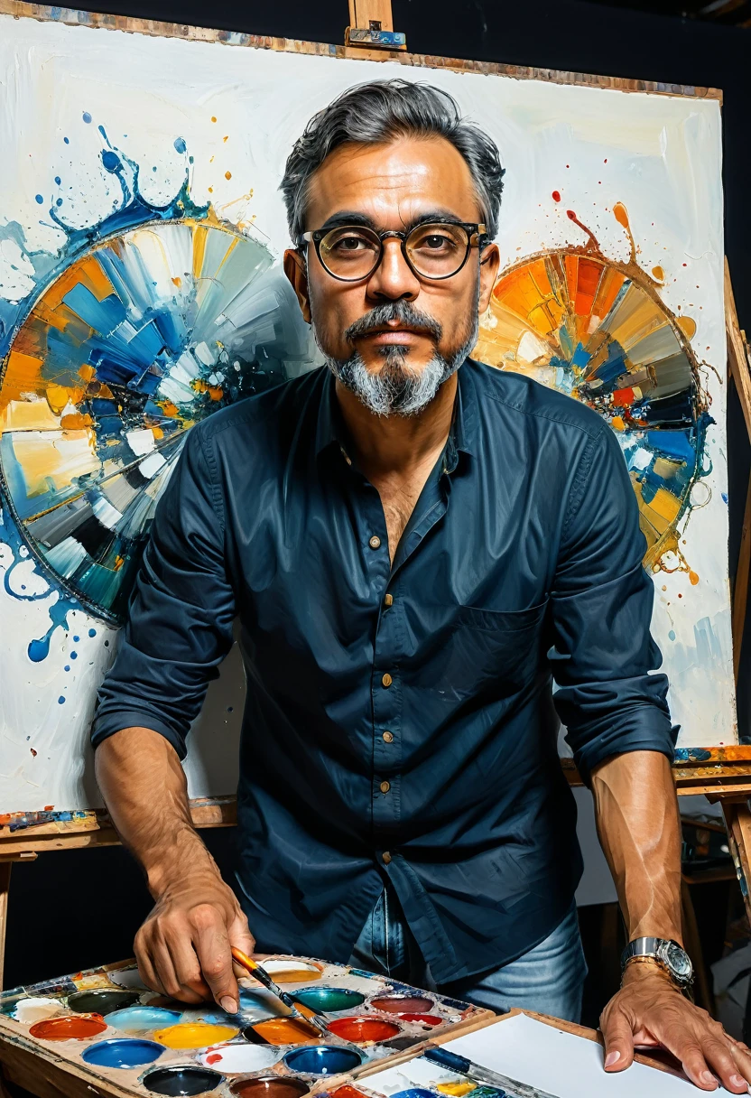 (Wearing Glasses, face), the artist is wearing circular metal framed glasses in the studio, carefully adjusting the colors on the canvas. The edges of the glasses are stained with a little paint, and the background is the canvas and painting tools, full body, (Photography), panoramic view, award-winning, cinematic still, emotional, vignette, dynamic, vivid, (masterpiece, best quality, Professional, perfect composition, very aesthetic, absurdres, ultra-detailed, intricate details:1.3)