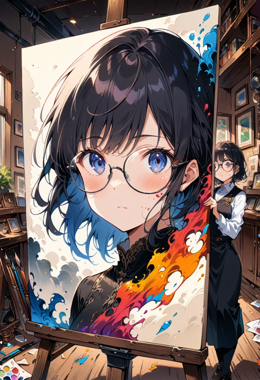 (Wearing Glasses, face), the artist is wearing circular metal framed glasses in the studio, carefully adjusting the colors on the canvas. The edges of the glasses are stained with a little paint, and the background is the canvas and painting tools, full body, (Photography), panoramic view, award-winning, cinematic still, emotional, vignette, dynamic, vivid, (masterpiece, best quality, Professional, perfect composition, very aesthetic, absurdres, ultra-detailed, intricate details:1.3)