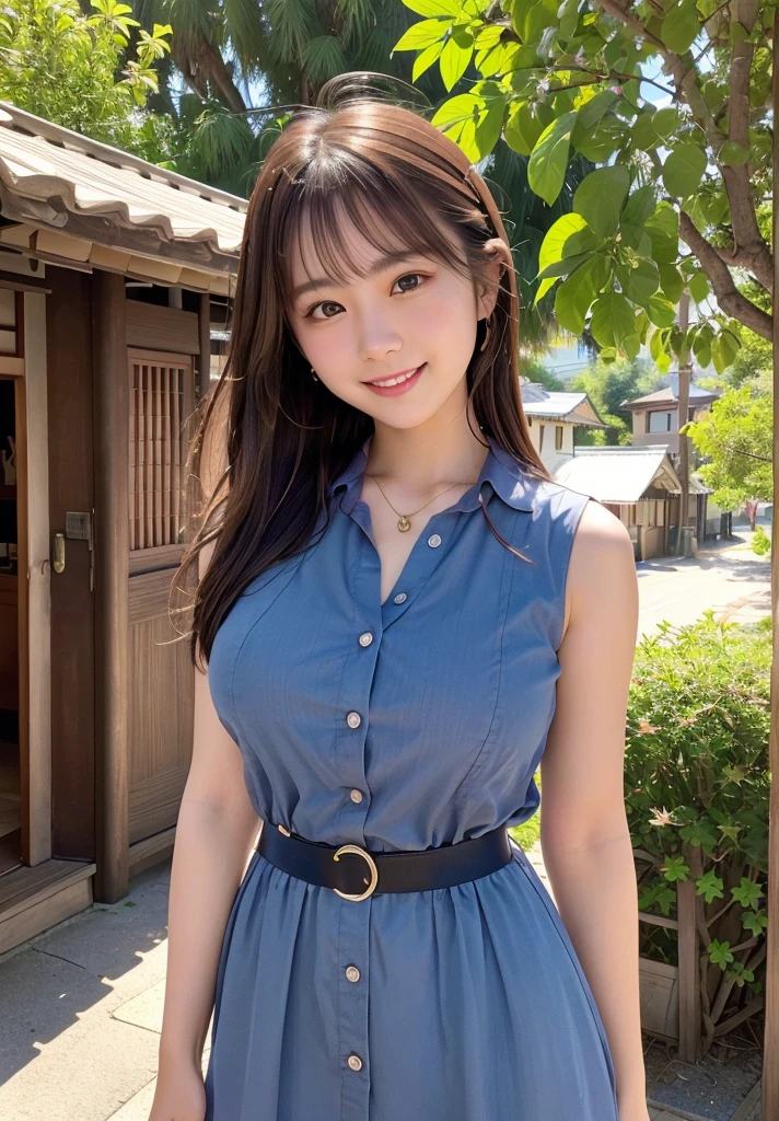 )(Highest quality,masterpiece:1.3,Ultra-high resolution),(Very detailed、Caustics) (Realistic:1.4, RAW shooting、)Ultra-Realistic Capture、Very detailed、Natural skin texture、masterpiece、(Japanese woman wearing a sleeveless navy button-down shirt dress:1.3), Ring Belt、Adorable expression、Expressions of happiness、14 years old、height: 160cm、Young Face、Amazingly cute、Straight hair、Scrunchie、Black Hair、light makeup、necklace、(Big Breasts)、Shining thighs、Skin Arm、Background details、smile、An inviting gaze、Anatomically correct、Cowboy Shot、Attention to detail、Photographed on the main street of a summer resort