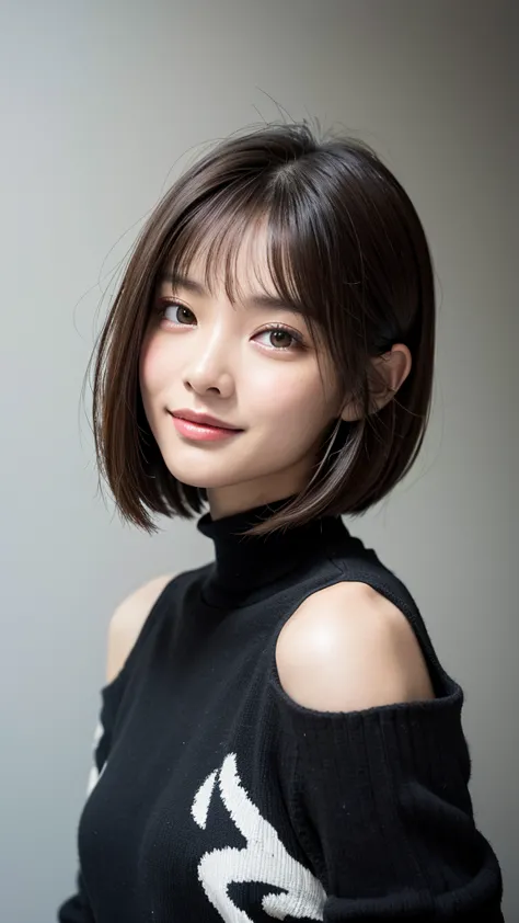 (((Close-up of face)))、(((Absolutely shoulder-length brown straight short bob)))、(((She is posing like a hair salon model, with ...