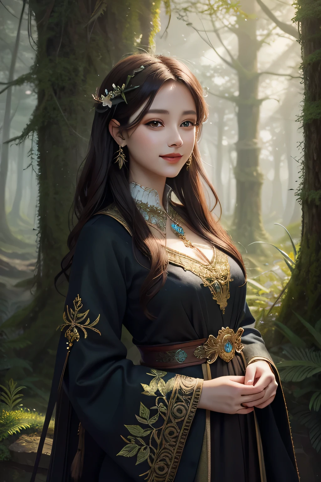 retrato de uma mulher em uma antiga floresta mística com pintura digital em estilo paisagem de fantasia, obra-prima do sorriso, melhor qualidade, detalhe intrincado,