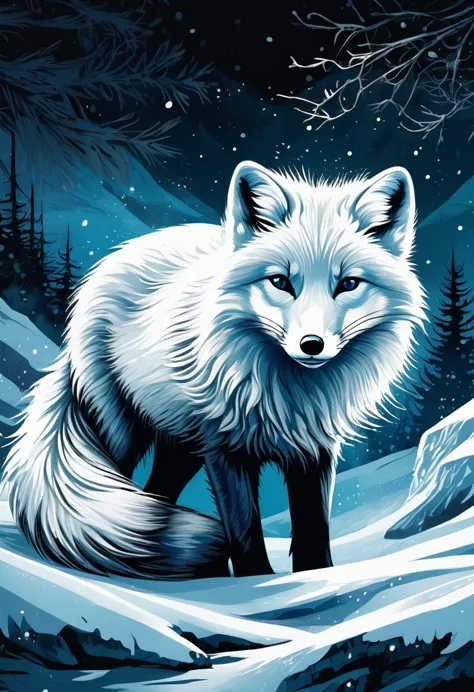 grunge inspired illustration with arctic fox, fur mix of delicate and powerful brush strokes, frozen existence in dark, leading ...