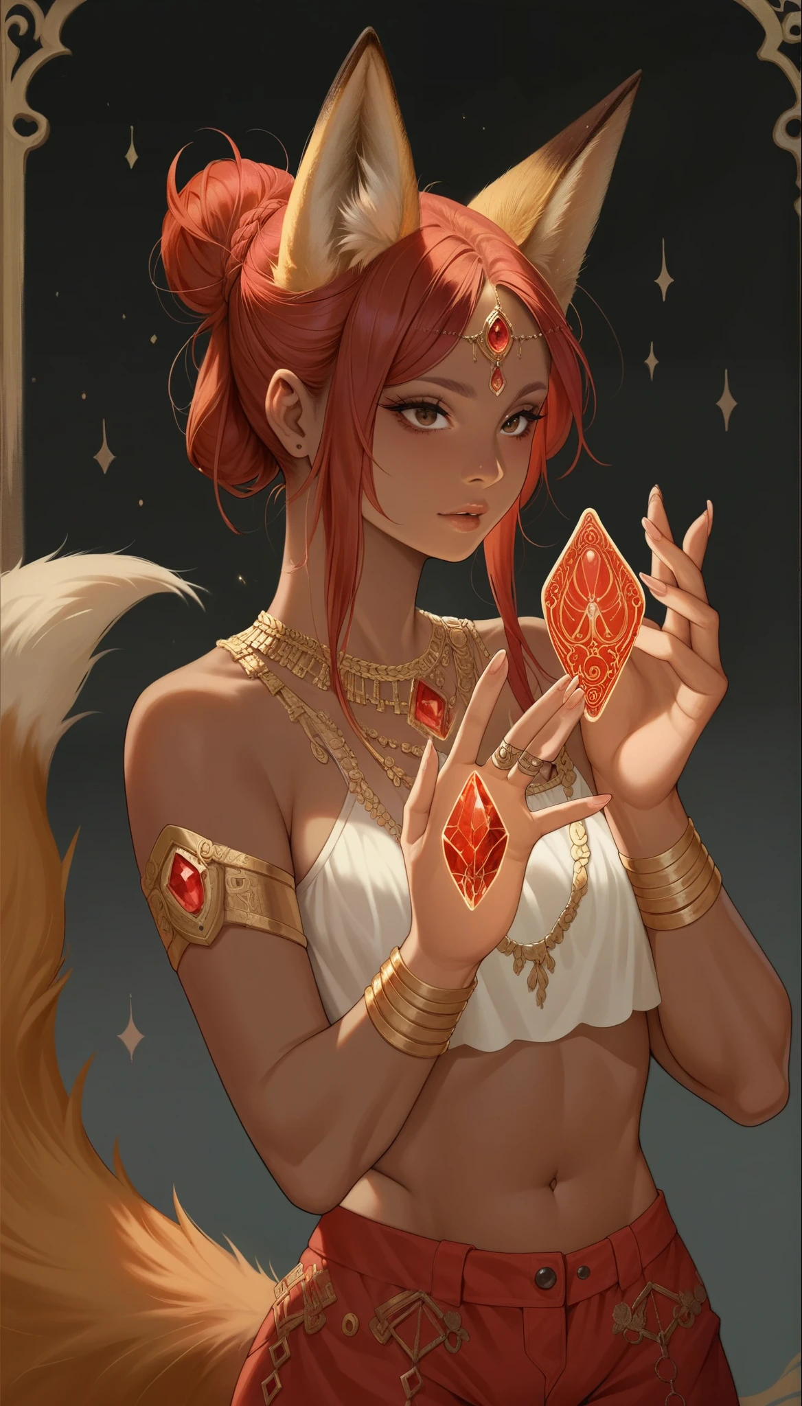 score_9, score_8_up, score_7_up, score_6_up, score_5_up, score_4_up, 
female, (fox:1.2), animal ears, animal tail, ((detailed hands, clear hands, detailed fingers, 5 fingers, correct fingers)), holding (2 red magic Crystals floating), (hands_up:0.75), jewelery, hair_bun, dark_skin, dark_skinned_female, red hair, brown eyes, eyelashes, frills, (Translucent arabic {croptop, shorts}),
Full body standing painting, (((solo))), Simple line design, ((tarot card background, symmetric beauty)), perfectly symmetrical, The art of symmetry, Standing drawings of characters, ((flatcolors)), tmasterpiecetop Qualities qualtiy