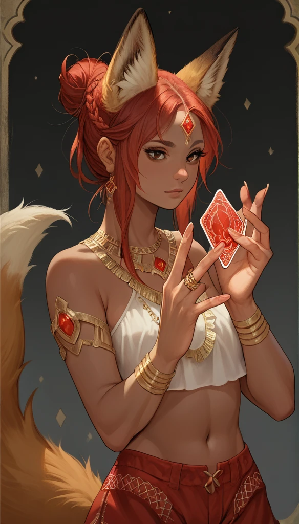 score_9, score_8_up, score_7_up, score_6_up, score_5_up, score_4_up, 
female, (fox:1.2), animal ears, animal tail, ((detailed hands, clear hands, detailed fingers, 5 fingers, correct fingers)), holding (2 red magic Crystals floating), (hands_up:0.75), jewelery, hair_bun, dark_skin, dark_skinned_female, red hair, brown eyes, eyelashes, frills, (Translucent arabic {croptop, shorts}),
Full body standing painting, (((solo))), Simple line design, ((tarot card background, symmetric beauty)), perfectly symmetrical, The art of symmetry, Standing drawings of characters, ((flatcolors)), tmasterpiecetop Qualities qualtiy