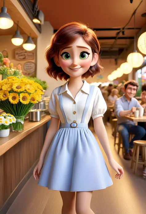 pixar , looking towards the camera White, hazel eyes, happy and with a full body and flowers in hand and in Nashtan cafe with fr...
