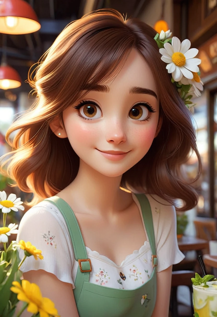 (disney pixar style:1.2) (cute adorable girl:1.1) (adult aged 20:1.15), White, hazel eyes, happy and with a full body and flowers in hand and in Nashtan cafe with friends