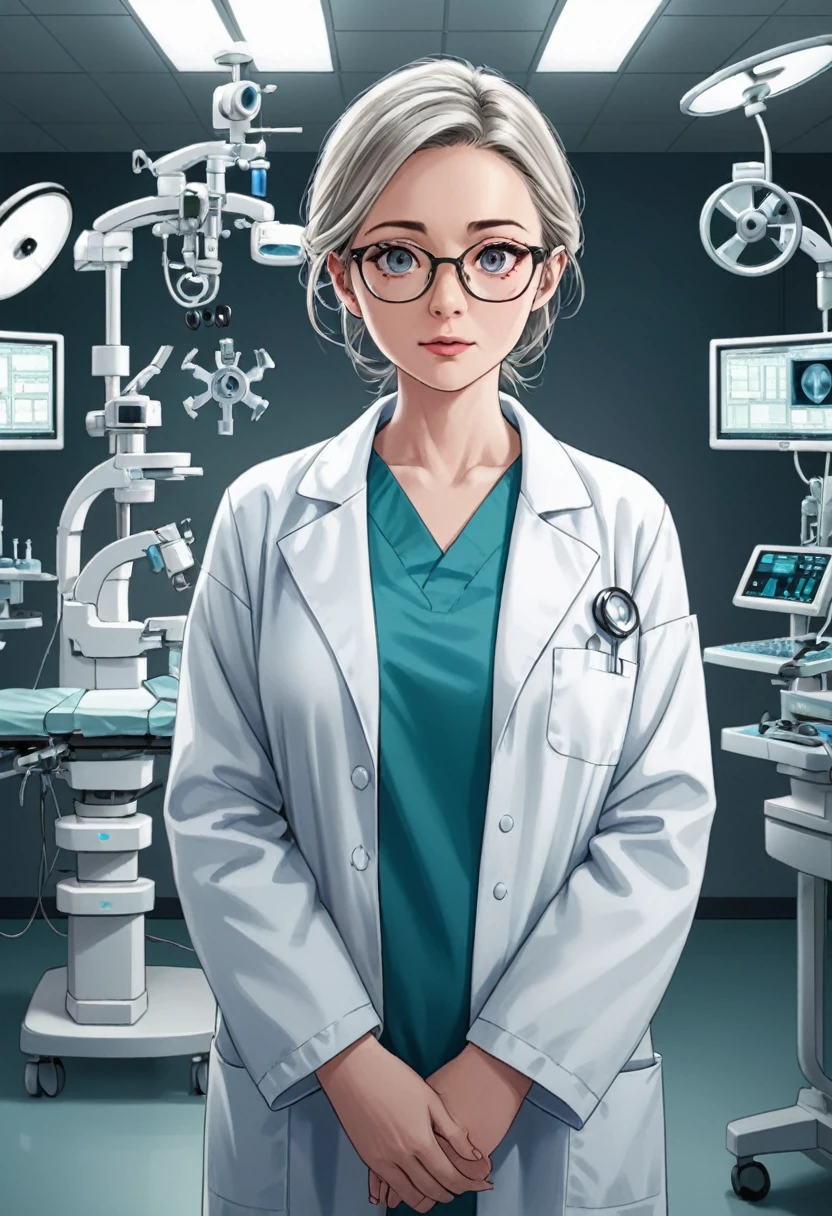 (Wearing Glasses, clear face), doctors wearing frameless glasses in the operating room, with focused eyes under the glasses, showing respect for life. The background is complex surgical equipment, full body, (Photography), panoramic view, award-winning, cinematic still, emotional, vignette, dynamic, vivid, (masterpiece, best quality, Professional, perfect composition, very aesthetic, absurdres, ultra-detailed, intricate details:1.3)