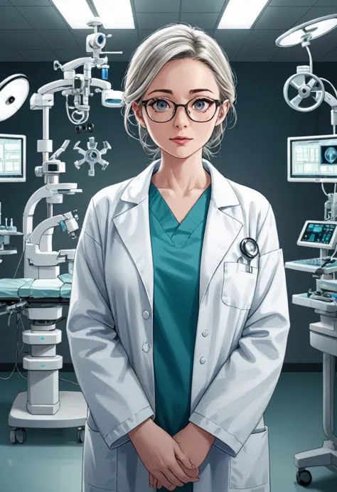 (Wearing Glasses, clear face), doctors wearing frameless glasses in the operating room, with focused eyes under the glasses, sho...