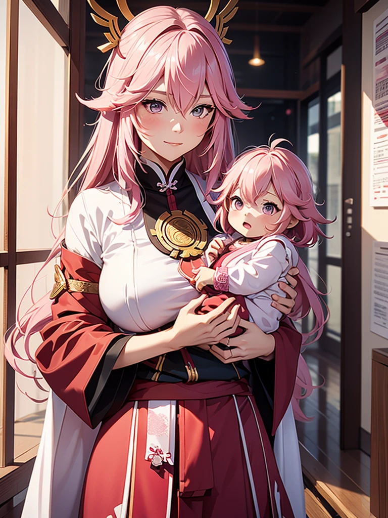 Yae miko, 1woman, as a mother, holding a little baby, pink colour hair, 8k, high detailed, high quality