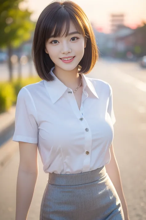 (A gorgeous Chinese office lady, age 22, wearing formal office attire, short-sleeve white shirt with collar and buttons, grey pe...