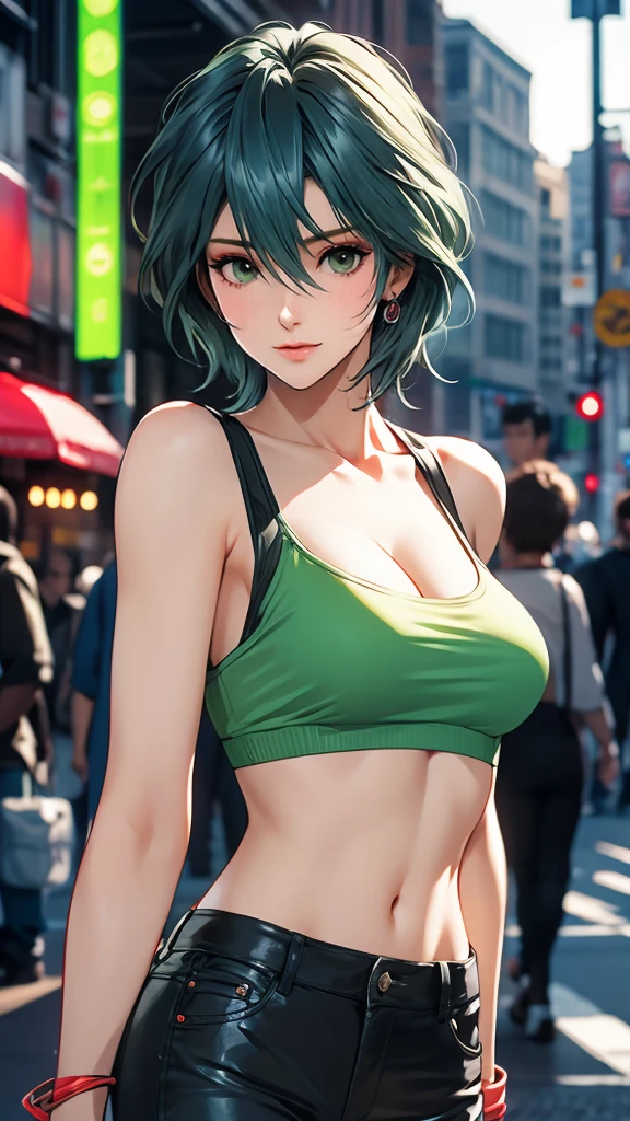 1 Female, Tamaki, green short hair, hair between eyes, Street fashion, boyish