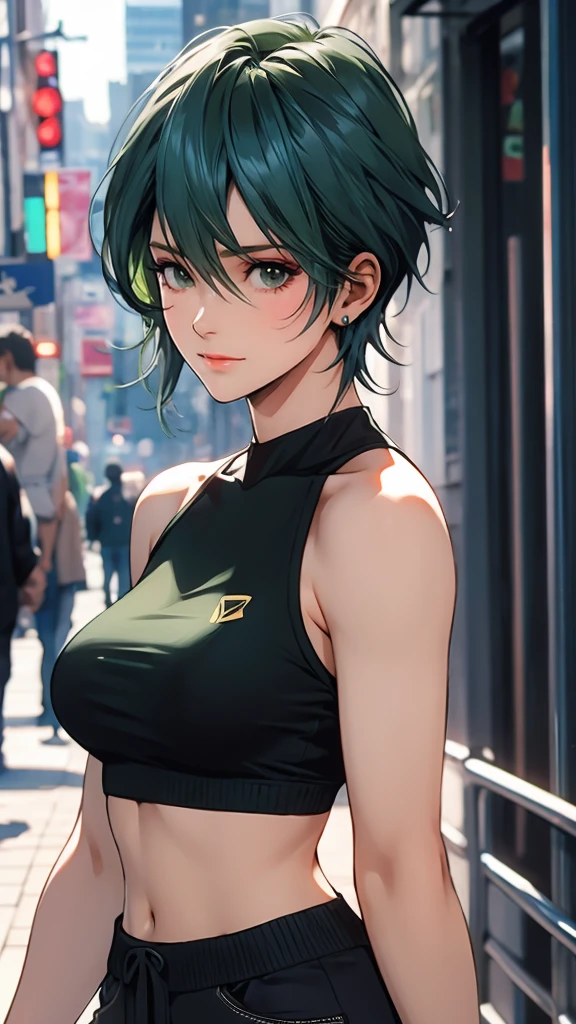 1 Female, Tamaki, green short hair, hair between eyes, Street fashion, boyish