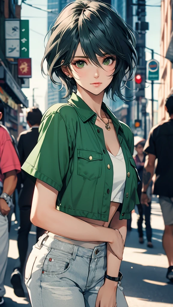 1 Female, Tamaki, green short hair, hair between eyes, Street fashion, boyish