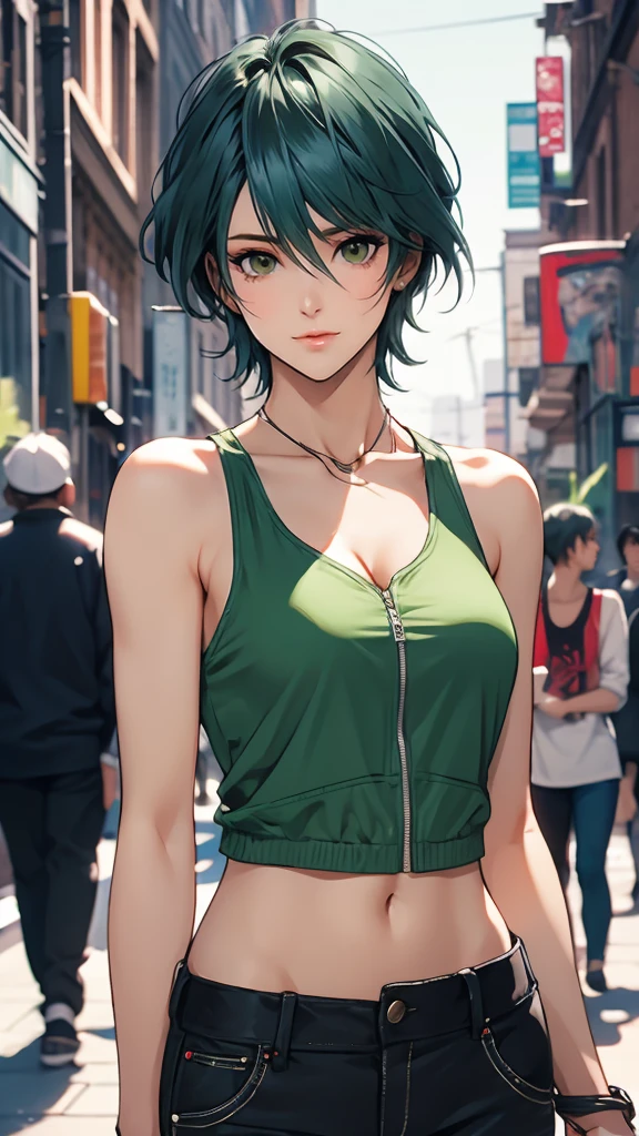 1 Female, Tamaki, green short hair, hair between eyes, Street fashion, boyish