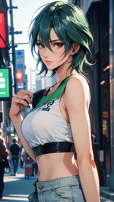 1 Female, Tamaki, green short hair, hair between eyes, Street fashion, boyish