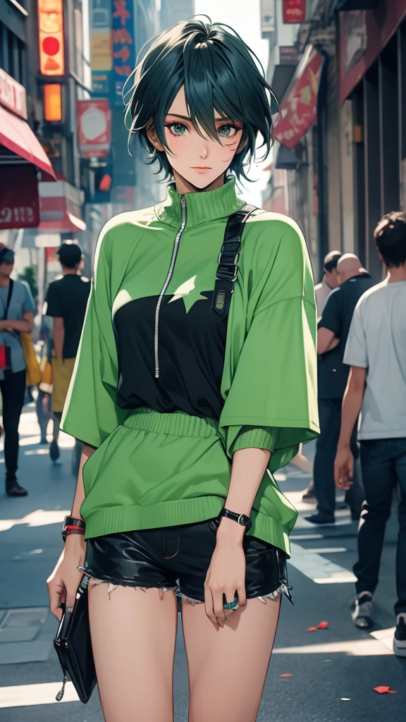 1 Female, Tamaki, green short hair, hair between eyes, Street fashion, boyish