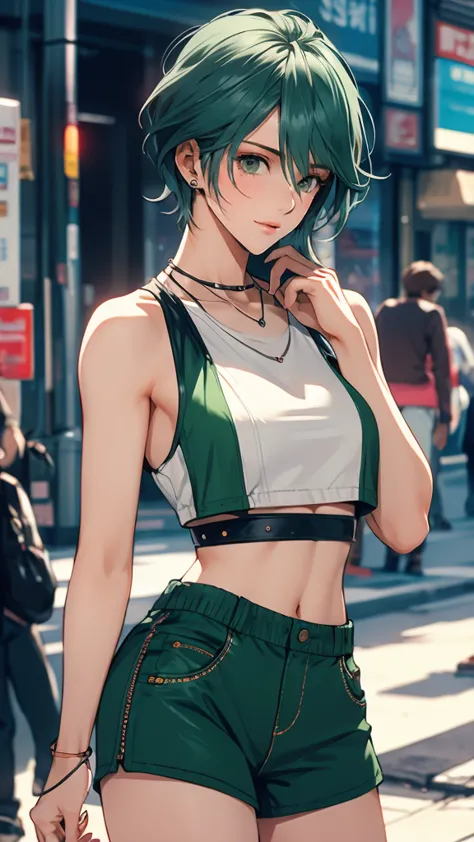 1 Female, Tamaki, green short hair, hair between eyes, Street fashion, boyish