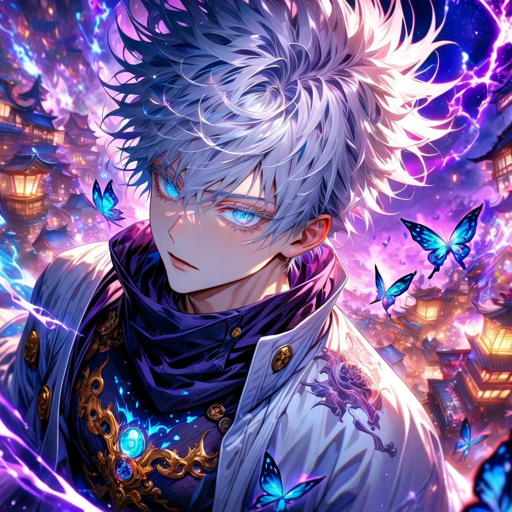 absurdres, highres, ultra detailed, HDR, master piece, best quality, Gojo Satoru, white hair, with bangs, hair between the eyes, expressive blue eyes, white eyelashes, Jujutsu Kaisen, solo, sexy man, handsome, white haori, black tight shirt, black scarf, fantasy, magical, sparkling, shining, purple lightning, floating round lights, starry sky, void, purple butterlies, purple moon