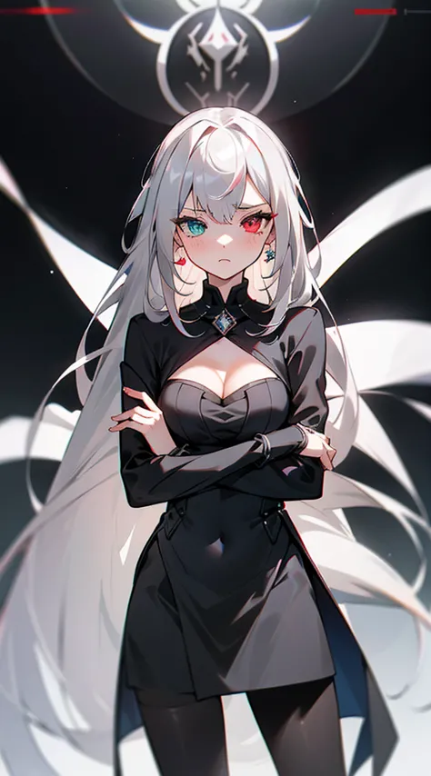 1 girl, solo,serious face,governant outfit,cleavage,silver deep gray hair, long hair,pantyhoses, black and white diamond earring...