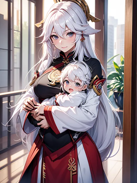 Yae miko, 1woman, as a mother, holding a little baby boy, white colour hair, 8k, high detailed, high quality