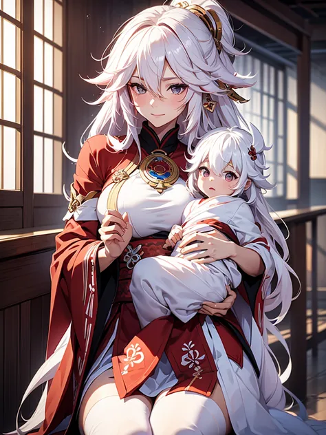 Yae miko, 1woman, as a mother, holding a little baby boy, white colour hair, 8k, high detailed, high quality
