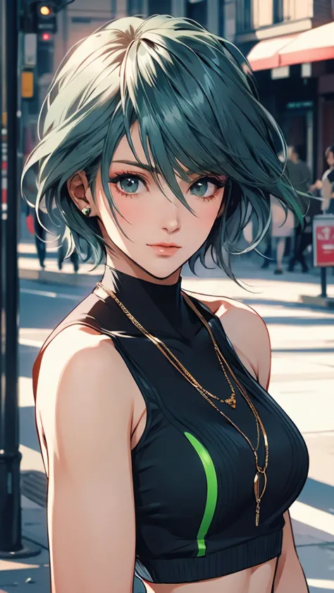 1 Female, Tamaki, green short hair, hair between eyes, (detailed eyes:1.3), Street fashion, boyish