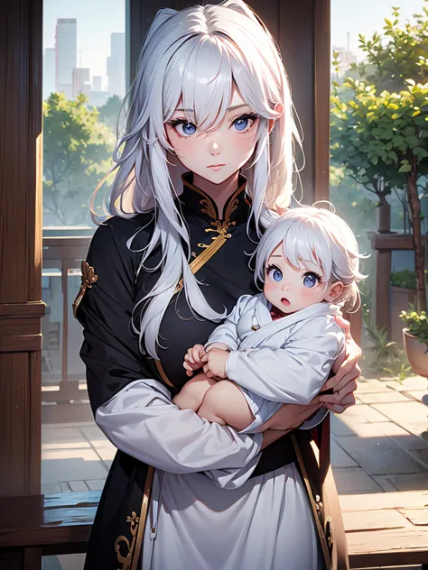 Ningguang, 1woman, as a mother, holding a little baby boy, white colour hair, 8k, high detailed, high quality