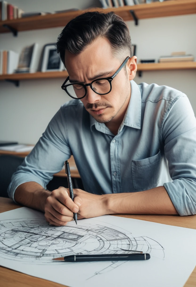 (Wearing Glasses, face), the artist is wearing circular metal framed glasses in the studio, carefully adjusting the colors on the canvas. The edges of the glasses are stained with a little paint, and the background is the canvas and painting tools, full body, (Photography), panoramic view, award-winning, cinematic still, emotional, vignette, dynamic, vivid, (masterpiece, best quality, Professional, perfect composition, very aesthetic, absurdres, ultra-detailed, intricate details:1.3)