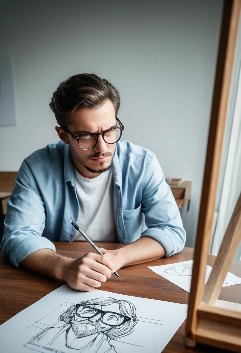 (Wearing Glasses, face), the artist is wearing circular metal framed glasses in the studio, carefully adjusting the colors on the canvas. The edges of the glasses are stained with a little paint, and the background is the canvas and painting tools, full body, (Photography), panoramic view, award-winning, cinematic still, emotional, vignette, dynamic, vivid, (masterpiece, best quality, Professional, perfect composition, very aesthetic, absurdres, ultra-detailed, intricate details:1.3)