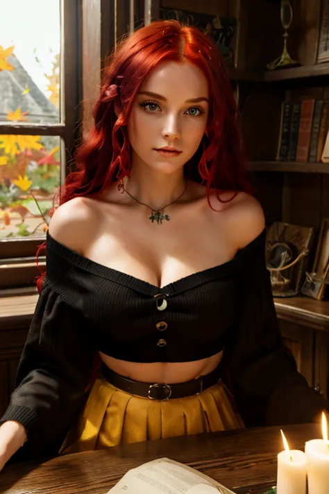 Gorgeous artistic punk woman、Artistic punk creative witch,  (Long, flowing red hair:1.3) , Cropped off-the-shoulder sweater and ...