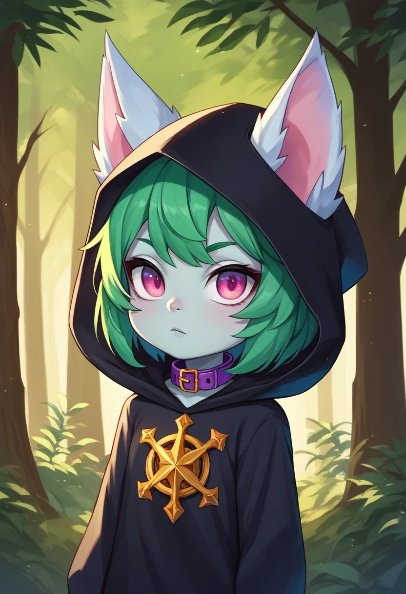 score_9, score_8_up, score_7_up, score_6_up, score_5_up, score_4_up, VexLoLXL, yordle, shortstack, pink eyes, green hair, bangs, short hair, grey skin, colored skin, black hood, hood up, ears through headwear, white animal ears, black shirt, purple collar, golden ornament, long sleeves, sleeves past wrists, (portrai shot, upper body), looking at viewer, forest, tree 