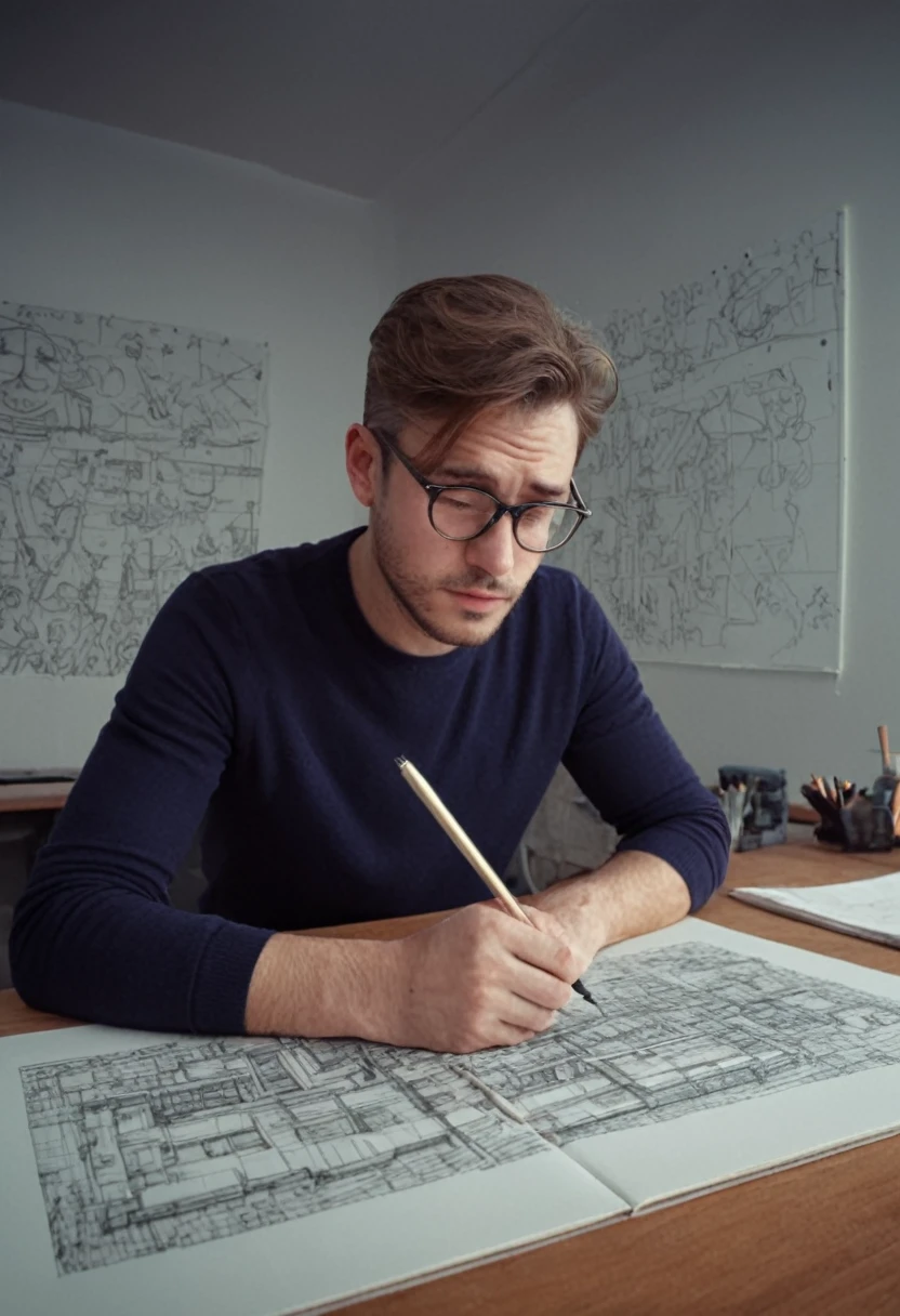 (Wearing Glasses, face), the artist is wearing circular metal framed glasses in the studio, carefully adjusting the colors on the canvas. The edges of the glasses are stained with a little paint, and the background is the canvas and painting tools, full body, (Photography), panoramic view, award-winning, cinematic still, emotional, vignette, dynamic, vivid, (masterpiece, best quality, Professional, perfect composition, very aesthetic, absurdres, ultra-detailed, intricate details:1.3)