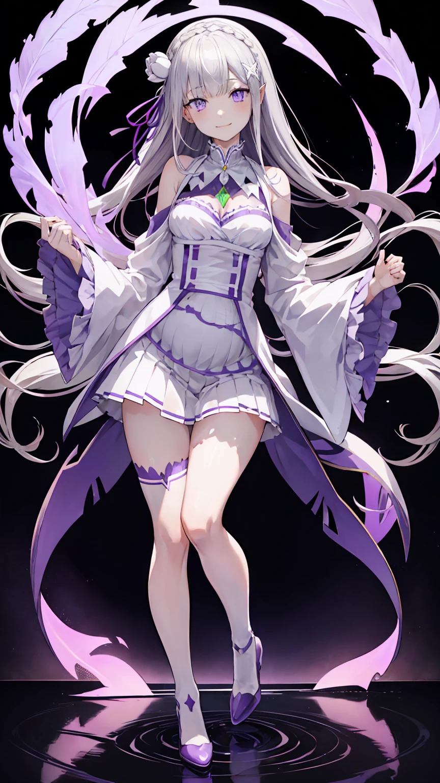 Lezero Emilia, emilia, braid, Crown braid, flower, Hair Flower, hair ornament, Hair Ribbon, Long hair, pointy ear, (Purple eyes:1.2), White hair, x hair ornament,
Break Detach Color, Detached sleeves, frilly sleeves, frilld, Long sleeves, Miniskirt, Pleated skirt, bow ribbon, Skirt, thighs thighs thighs thighs, White skirt, White sleeves, white thighhig, Wide sleeves, zettai ryouiki,

 BREAK (masutepiece:1.2), Best Quality, High resolution, Unity 8k Wallpaper, (Illustration:0.8), (Beautiful detailed eyes:1.6), extra detailed face, Perfect Lighting, extremely details CG, (Perfect hands, Perfect Anatomy),is standing、Evil Fall, 1girl in, solo, pubic tattoo,Lipakeup、lip stick、eye line / Mascara Eyeshadow Evil Fall、Bad Woman、bad looking、Empty eyes、Psychopaths、Eyes pink、Grinning、Smile, lightsmile,Knives、low angles、leggy、Long leguchimuchi、Transparent pupils、, ((Positive pregnancy test))fullbody image、high-heels、High heels