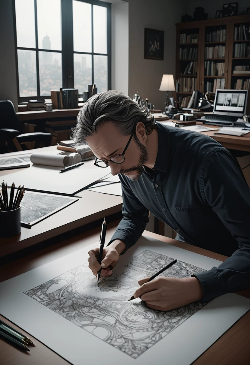 (Wearing Glasses, face), the artist is wearing circular metal framed glasses in the studio, carefully adjusting the colors on the canvas. The edges of the glasses are stained with a little paint, and the background is the canvas and painting tools, full body, (Photography), panoramic view, award-winning, cinematic still, emotional, vignette, dynamic, vivid, (masterpiece, best quality, Professional, perfect composition, very aesthetic, absurdres, ultra-detailed, intricate details:1.3)