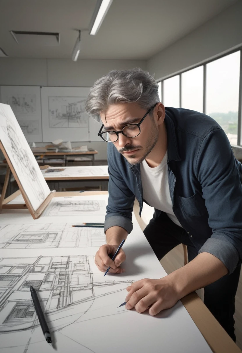 (Wearing Glasses, face), the artist is wearing circular metal framed glasses in the studio, carefully adjusting the colors on the canvas. The edges of the glasses are stained with a little paint, and the background is the canvas and painting tools, full body, (Photography), panoramic view, award-winning, cinematic still, emotional, vignette, dynamic, vivid, (masterpiece, best quality, Professional, perfect composition, very aesthetic, absurdres, ultra-detailed, intricate details:1.3)