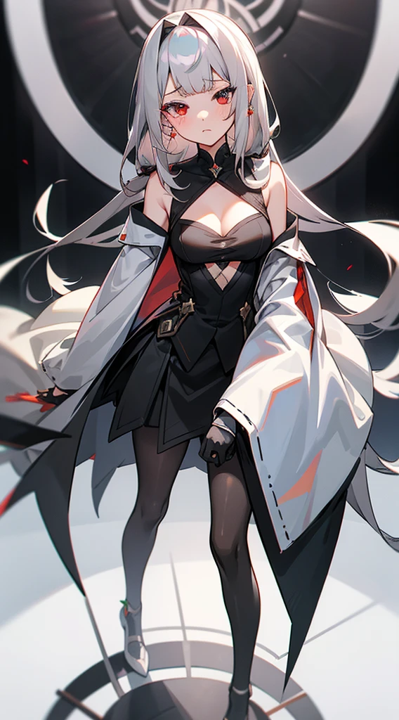 1 girl, solo,serious face,governant outfit,cleavage,silver deep gray hair, straight long hairstyle, blunt bangs, strictly straight cutted bangs, hime hairstyle, pantyhoses, black and white diamond earrings, standing in the stage on sallon, her left eye is gray, her right eye is rosy red,(( girl has heterochromia))