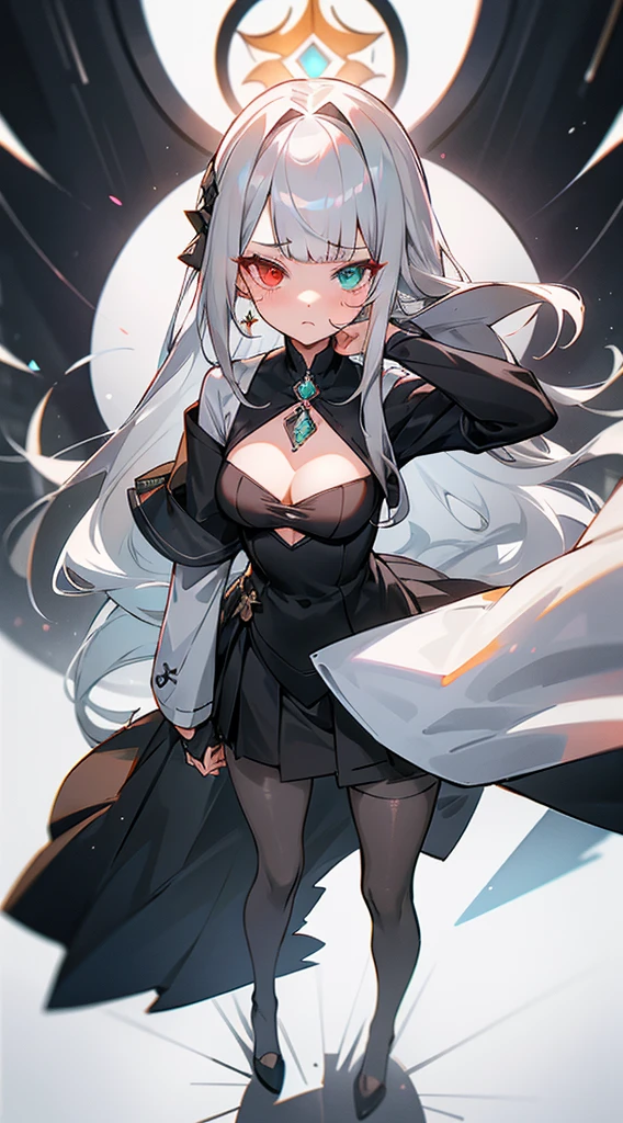 1 girl, solo,serious face,governant outfit,cleavage,silver deep gray hair, straight long hairstyle, blunt bangs, strictly straight cutted bangs, hime hairstyle, pantyhoses, black and white diamond earrings, standing in the stage on sallon, her left eye is gray, her right eye is rosy red,(( girl has heterochromia))