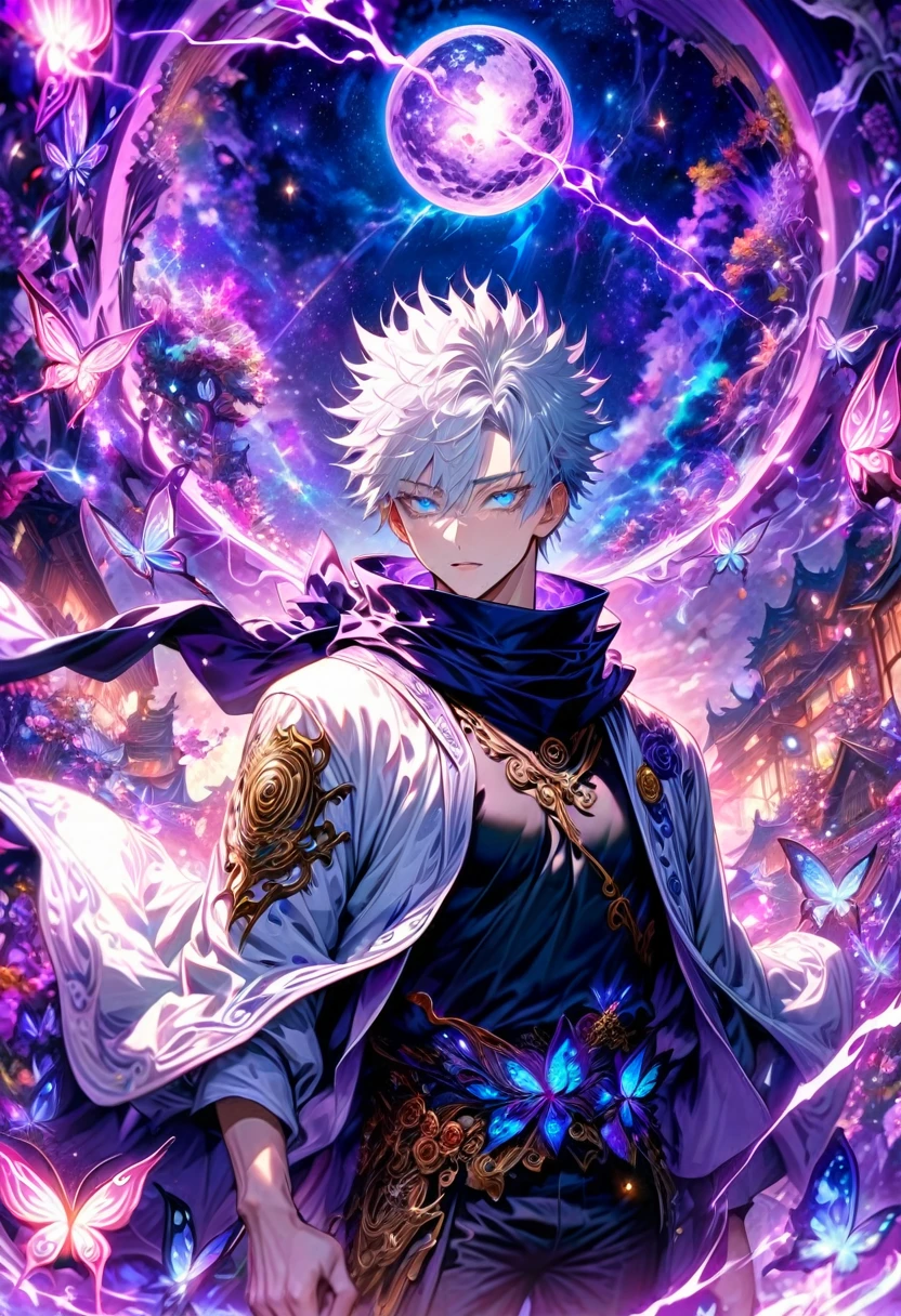 absurdres, highres, ultra detailed, HDR, master piece, best quality, Gojo Satoru, white hair, with bangs, hair between the eyes, expressive blue eyes, white eyelashes, Jujutsu Kaisen, solo, sexy man, handsome, white haori, black tight shirt, black scarf, fantasy, magical, sparkling, shining, purple lightning, floating round lights, starry sky, void, purple butterlies, purple moon