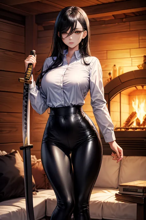 masterpiece, high quality full length portrait of 1 woman (maduro)) young), holding a katana, long sleeve white buttoned shirt, ...