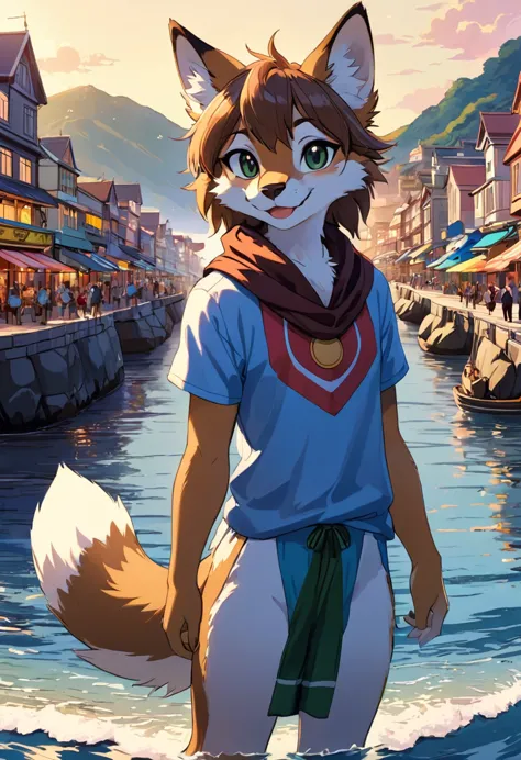 super high resolution, detailed background, seaside, boy, girl, Happy, joyful, absurdres(Photos of solo travelers)(kemono, furry...