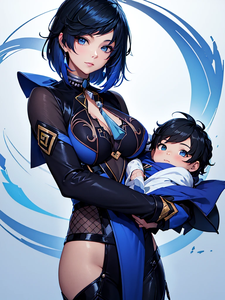 Yelan from Genshin impact, 1woman, as a mother, holding a little baby boy, black colour hair with blue end, 8k, high detailed, high quality