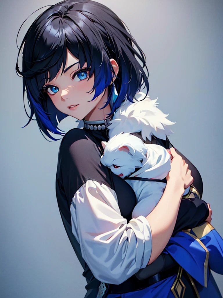 Yelan from Genshin impact, 1woman, as a mother, holding a little baby boy, black colour hair with blue end, 8k, high detailed, high quality