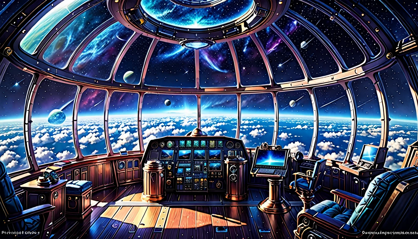 Vista espetacular do espaço a partir da cabine de um dirigível, (Resolução ultra-alta,8K),fantasia, O Mundo dos Livros Ilustrados