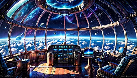 Spectacular view of space from an airship cabin, (Ultra-high resolution,8K),Fantasy, The world of picture books