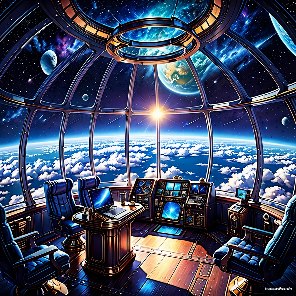 Vista espetacular do espaço a partir da cabine de um dirigível, (Resolução ultra-alta,8K),fantasia, O Mundo dos Livros Ilustrados