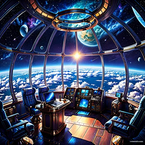 Spectacular view of space from an airship cabin, (Ultra-high resolution,8K),Fantasy, The world of picture books