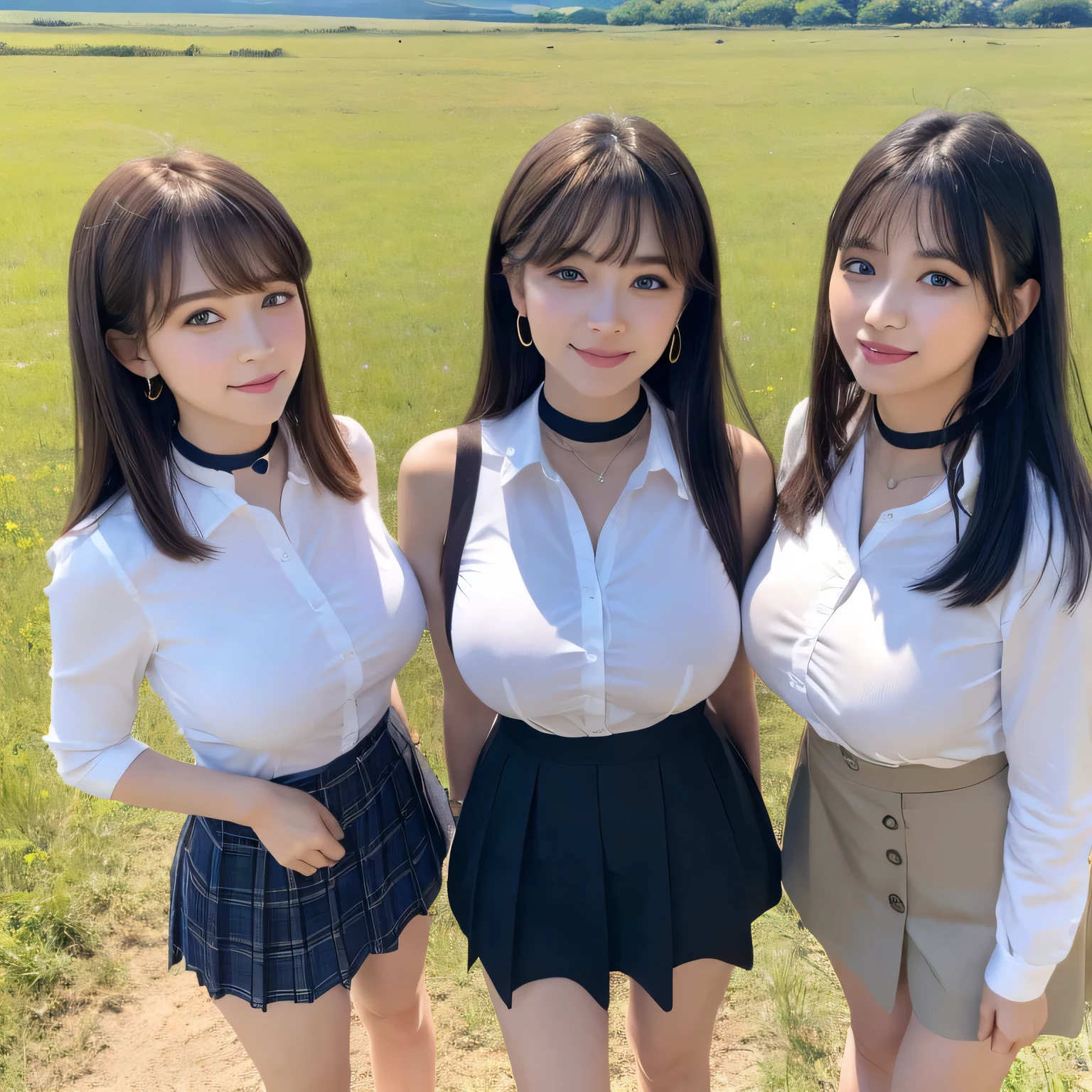 ((Group photo))、Layered Haircut,（8K，Highest quality），Full Body Shot，Shot from medium distances，open-collar shirt、Wear a JK skirt，Full body photo、 Adorable， smile， length, brown hair， 32k, masterpiece， Best image quality，Ultra-high resolution，Perfect hands，Black Choker、blue eyes、bangs、Very numerous and very long eyelashes、 Morning on the Plateau、Summer clothes、((Big Breasts)), grassland，blue sky