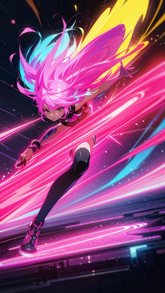 (highest quality、4k、8K、High resolution、masterpiece:1.2)、Super detailed、(anime style、realistic:1.37)、girl wearing neon clothes、neon light、bright colors、Shining atmosphere、futuristic fashion、shiny fabric、neon sign、lively streetscape、confident pose、vibrant energy、nightlife feeling、 dynamic movement、creative patterns、Intense saturation、edgy style、kaleidoscope reflection、Fashion Forward、fluorescent light